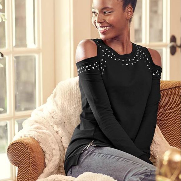 VENUS Cold Shoulder Studded Zipper Sweatshirt Size SMALL - Picture 9 of 9